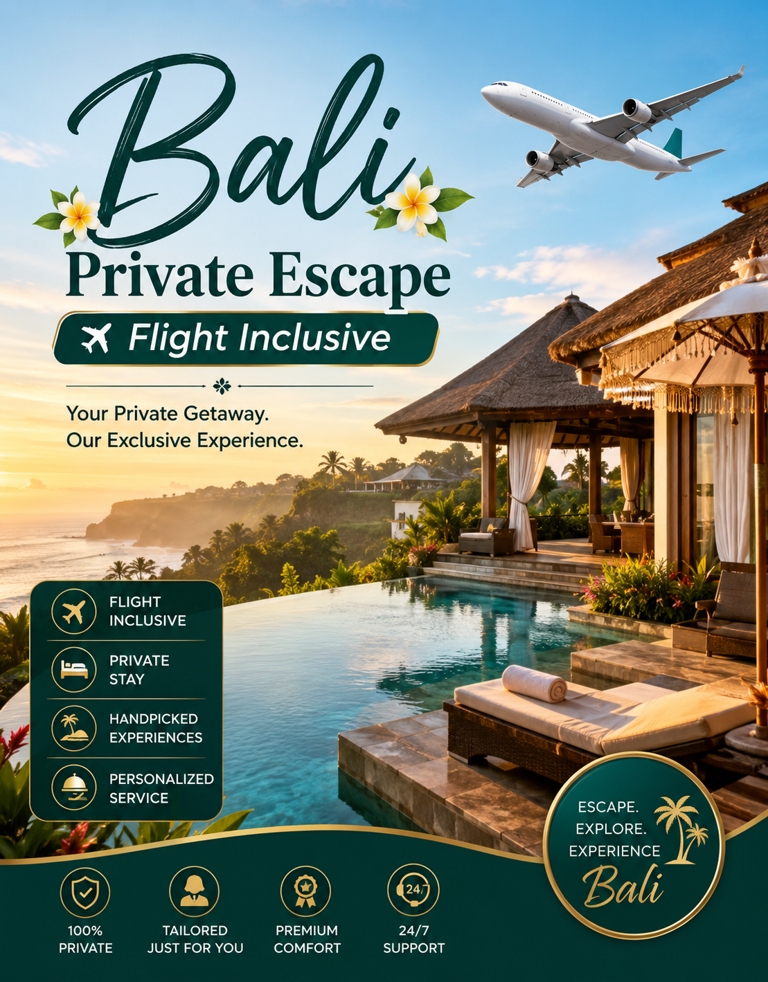 Luxury resort pool at sunset, Bali